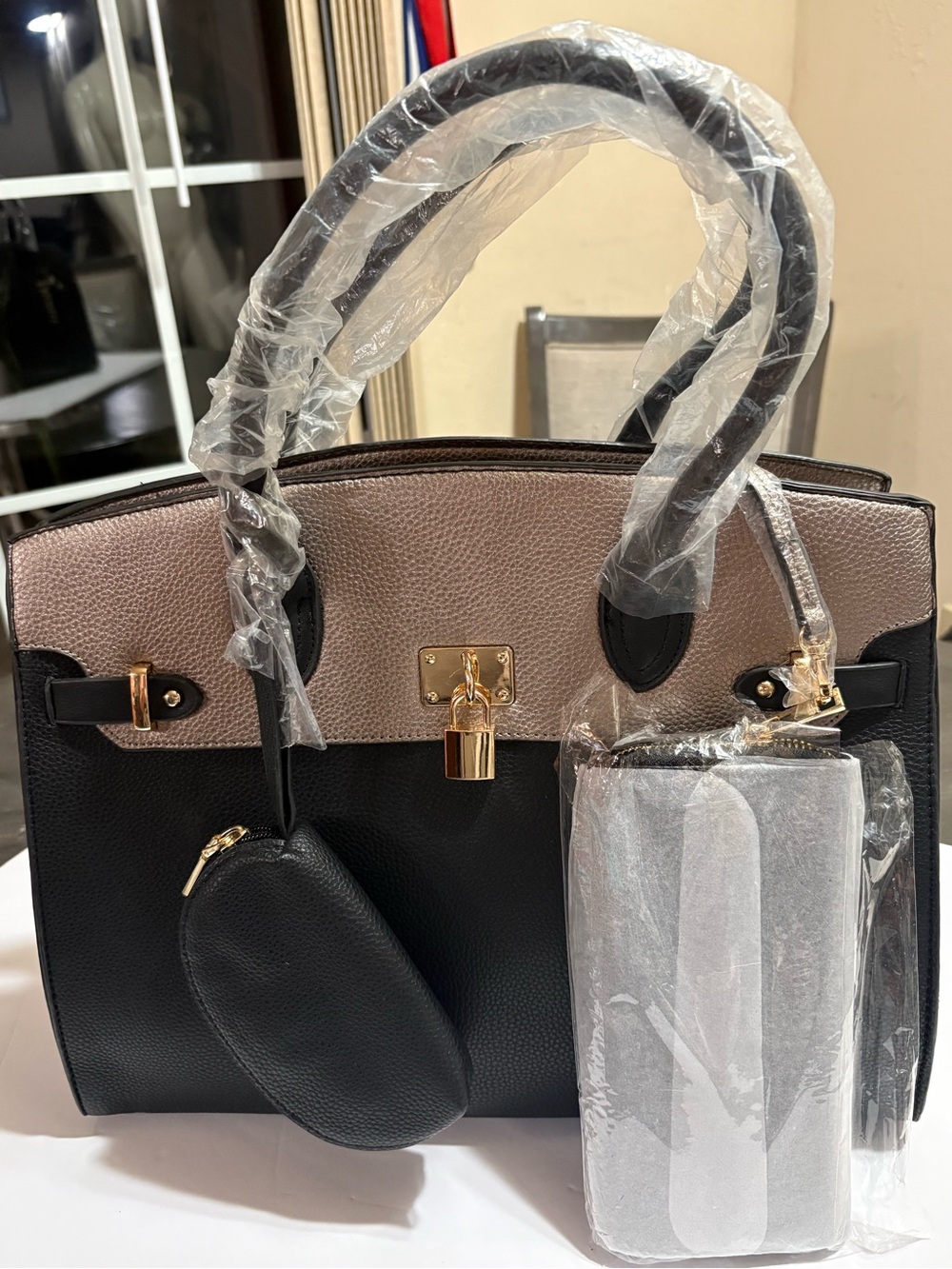 Three-Tone Black and Taupe Structured Tote with Gold Hardware